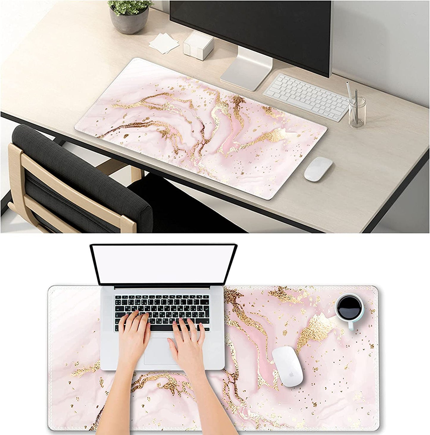 Extended Gaming Mouse Pad XXL  Large Keyboard Mat Long Mousepad Desk Decor Writing Pad Non Slip Rubber Base Stitched Edges for Work, Game, Office, Home, 35.1" X 15.7" , Pink Marble