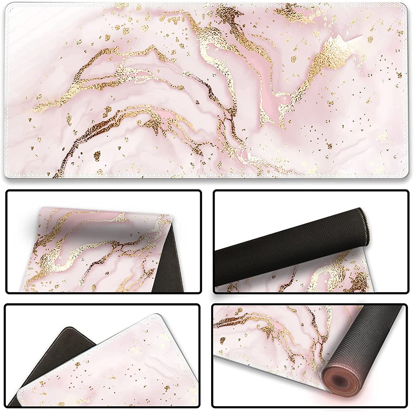Extended Gaming Mouse Pad XXL  Large Keyboard Mat Long Mousepad Desk Decor Writing Pad Non Slip Rubber Base Stitched Edges for Work, Game, Office, Home, 35.1" X 15.7" , Pink Marble