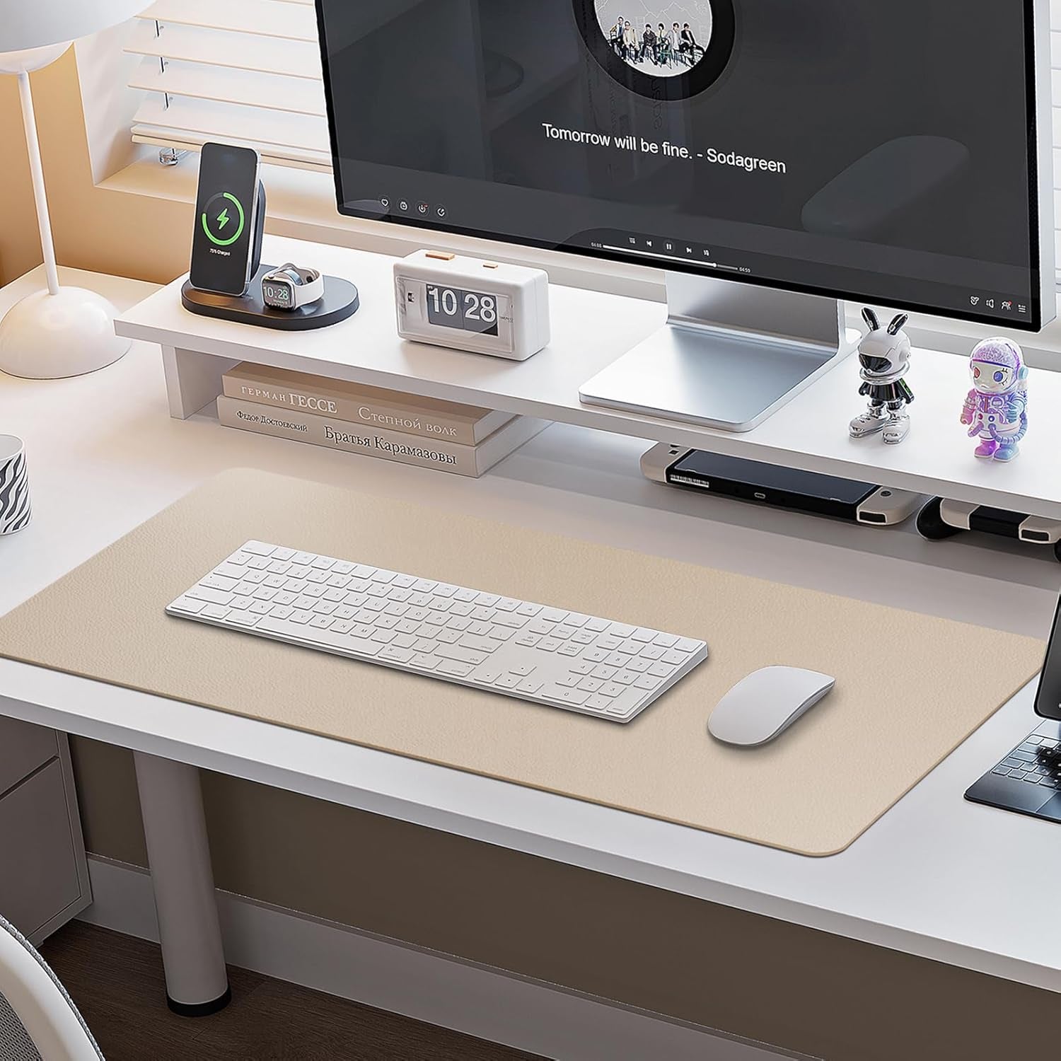 Leather Desk Mat,Desk Pad,Desktop Mat,Waterproof Mat for Desktop, Keyboard and Mouse,Leather Mouse Pad Protector Office Home,30"X 14"(M-Beige)