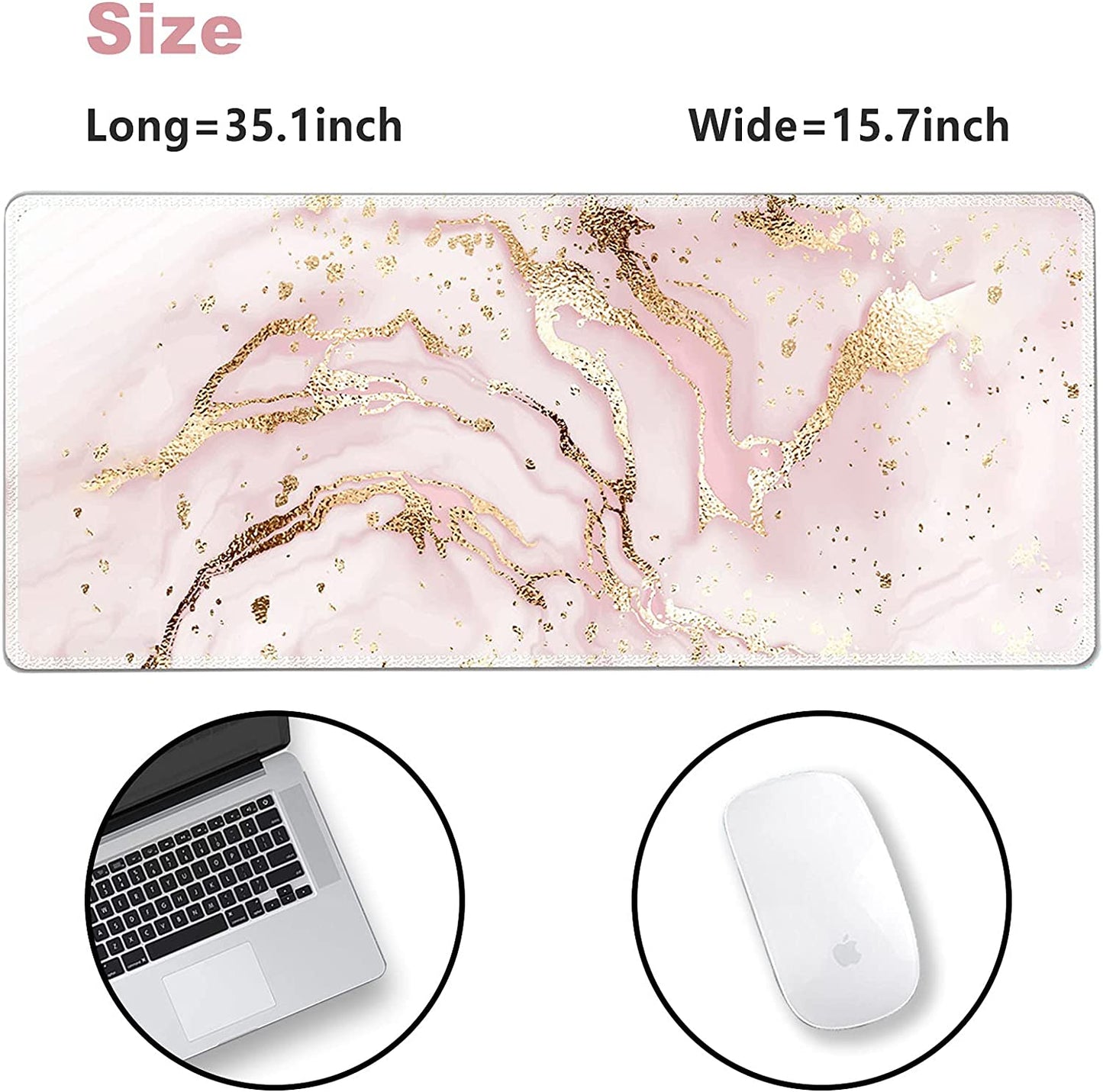 Extended Gaming Mouse Pad XXL  Large Keyboard Mat Long Mousepad Desk Decor Writing Pad Non Slip Rubber Base Stitched Edges for Work, Game, Office, Home, 35.1" X 15.7" , Pink Marble