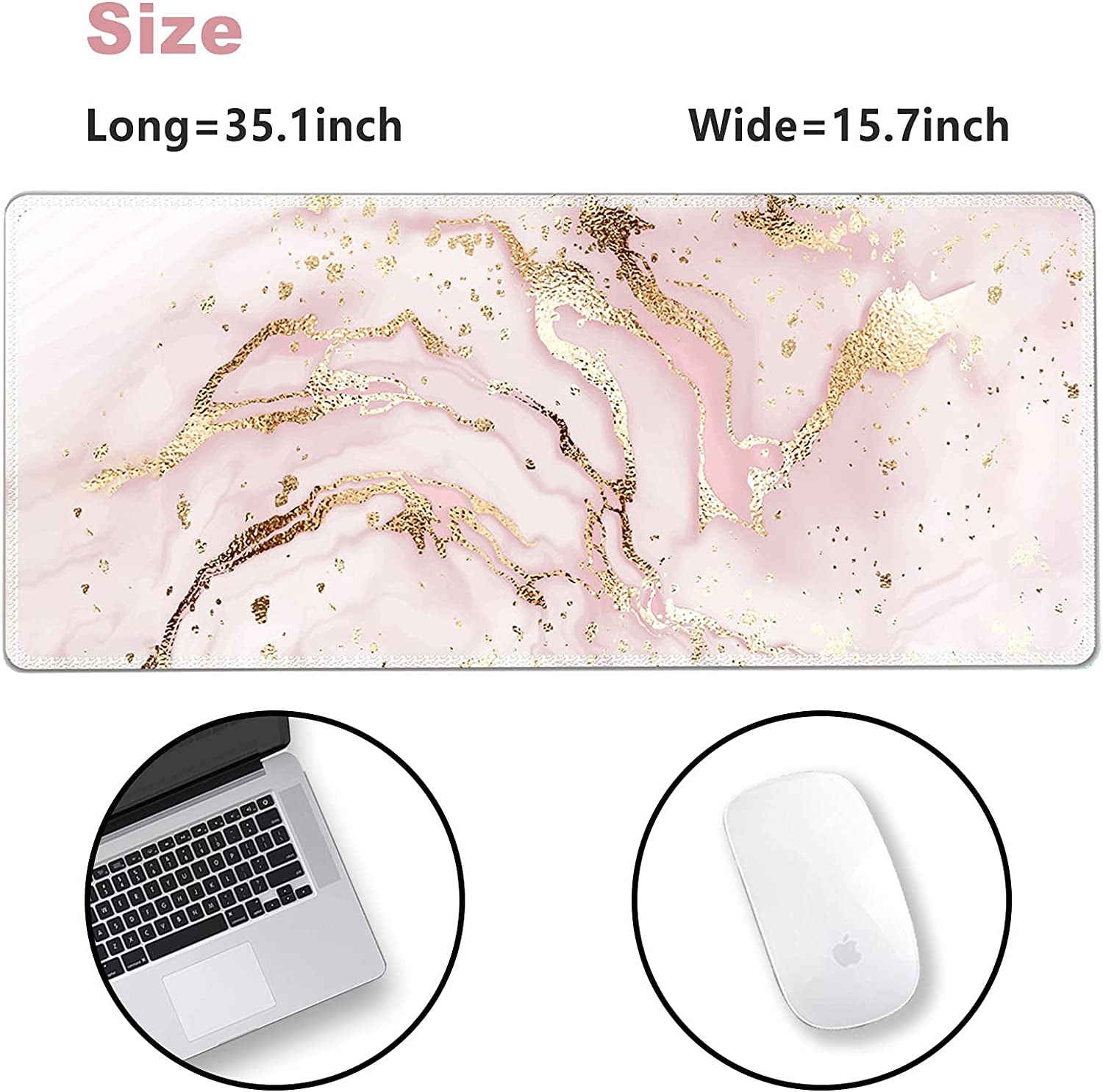 Extended Gaming Mouse Pad XXL  Large Keyboard Mat Long Mousepad Desk Decor Writing Pad Non Slip Rubber Base Stitched Edges for Work, Game, Office, Home, 35.1" X 15.7" , Pink Marble